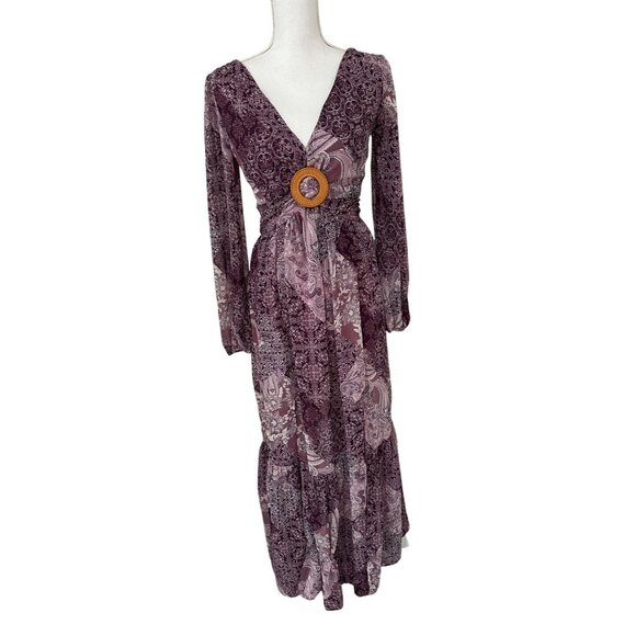 Jessica Simpson Dress Sz XS Boho Maxi Paisley Print Long Sleeve V-Neck Back Tie - Picture 1 of 16